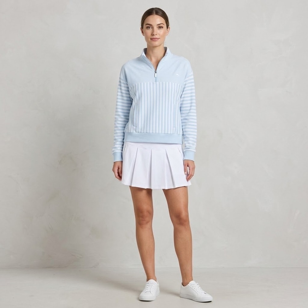 Tommy Bahama Women XL Blue Striped Quarter Zip Pullover White Pleated Skirt Set